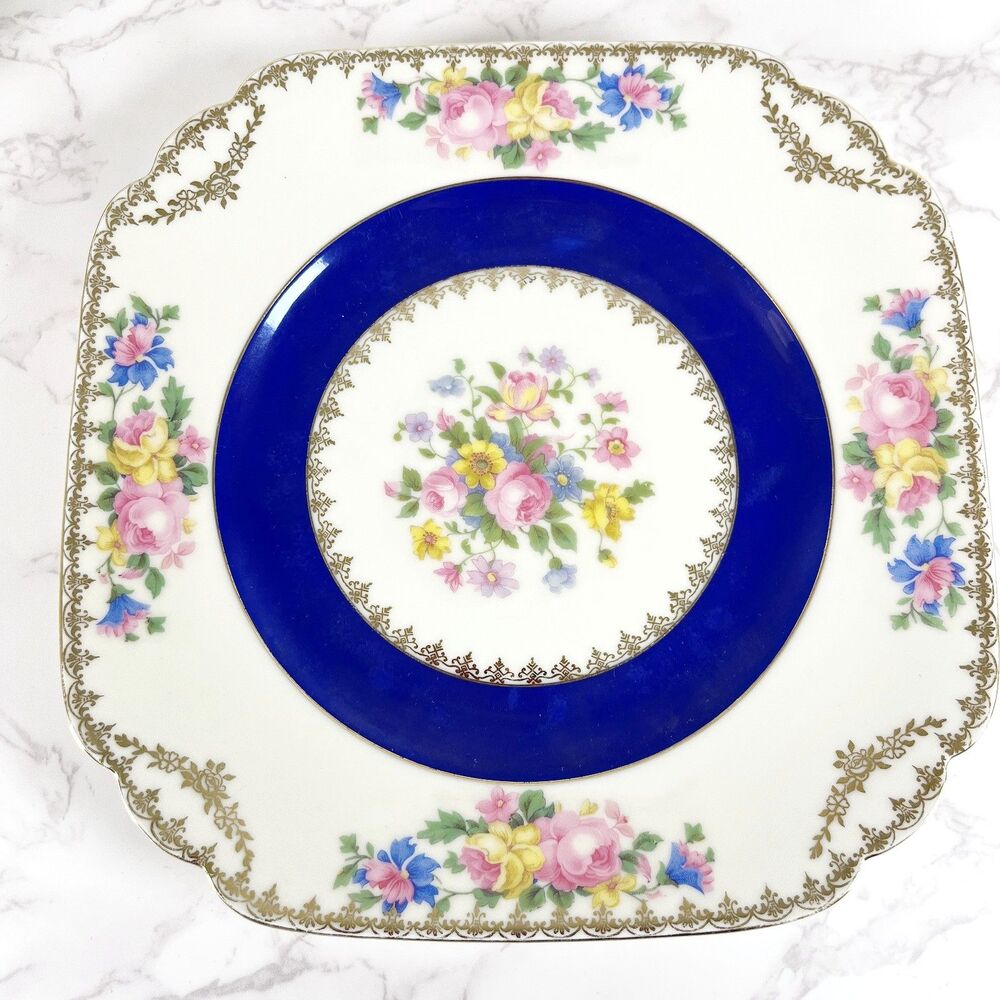 Vintage 1930s WH Czechoslovakia Cobalt Blue Square Plate Gold Gilt Floral